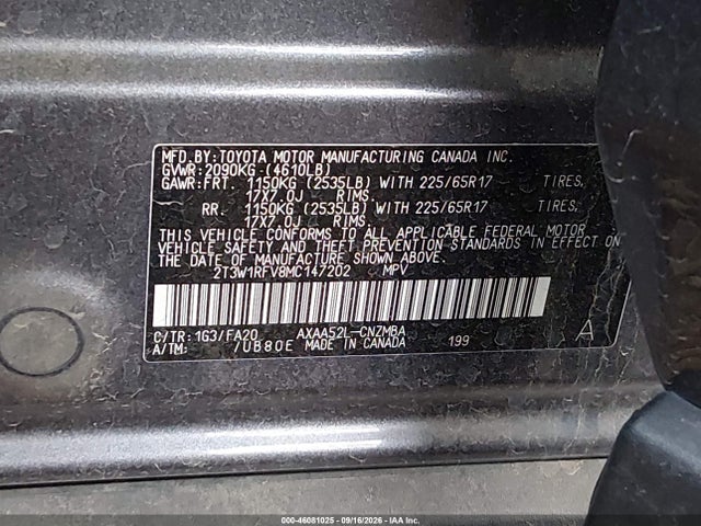 2021 Toyota Rav4 Xle მანქანა იყიდება აუქციონზე, vin: 2T3W1RFV8MC147202, აუქციონის ნომერი: 46081025