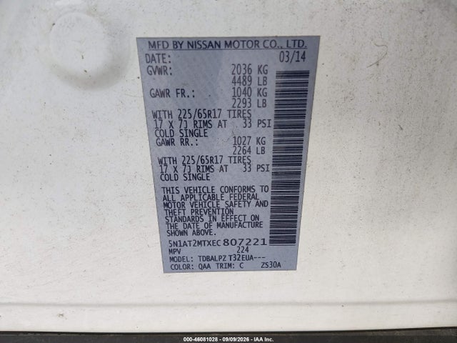 Aukcja sprzedaży 2014 Nissan Rogue S, vin: 5N1AT2MTXEC807221, numer aukcji: 46081028