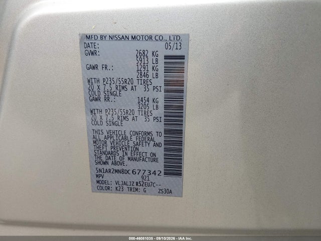 Продаж на аукціоні авто 2013 Nissan Pathfinder Platinum, vin: 5N1AR2MN8DC677342, номер лоту: 46081035