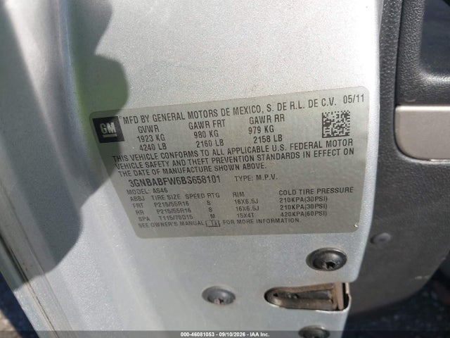2011 Chevrolet Hhr Lt მანქანა იყიდება აუქციონზე, vin: 3GNBABFW6BS658101, აუქციონის ნომერი: 46081053