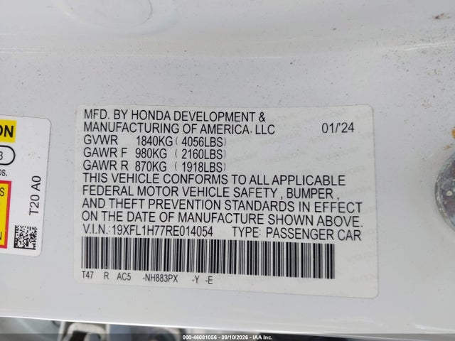 Продажа на аукционе авто 2024 Honda Civic Ex-l, vin: 19XFL1H77RE014054, номер лота: 46081056