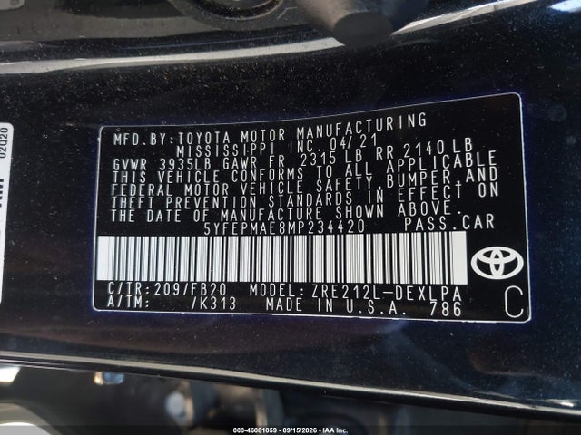 46081059 :رقم المزاد ، 5YFEPMAE8MP234420 vin ، 2021 Toyota Corolla Le مزاد بيع