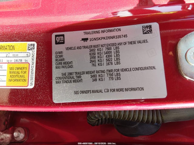 46081060 :رقم المزاد ، 1GNSKPKD5NR335745 vin ، 2022 Chevrolet Tahoe 4wd Z71 مزاد بيع