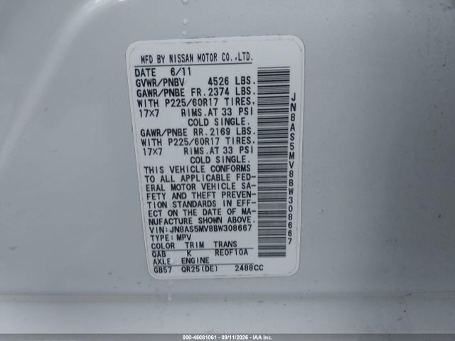 Продаж на аукціоні авто 2011 Nissan Rogue Sv, vin: JN8AS5MV8BW308667, номер лоту: 46081061