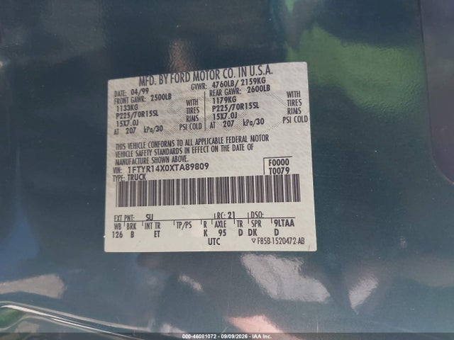 Aukcja sprzedaży 1999 Ford Ranger Xlt, vin: 1FTYR14X0XTA89809, numer aukcji: 46081072
