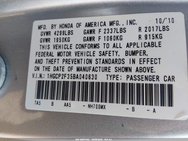 Aukcja sprzedaży 2011 Honda Accord 2.4 Lx, vin: 1HGCP2F35BA040630, numer aukcji: 46081082