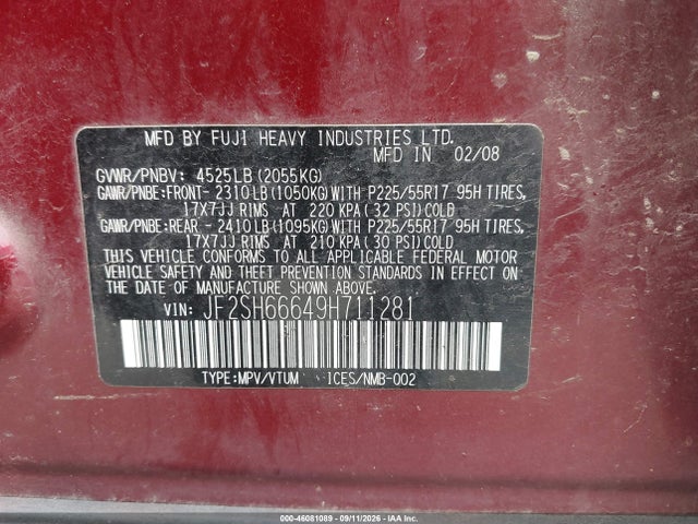 Aukcja sprzedaży 2009 Subaru Forester 2.5xt Limited, vin: JF2SH66649H711281, numer aukcji: 46081089