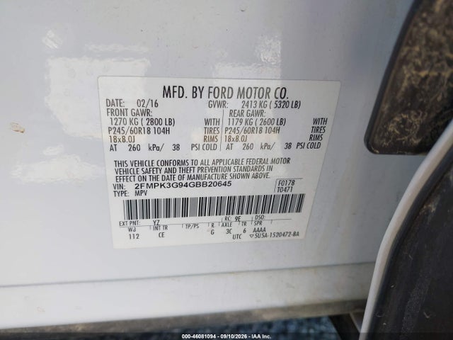 46081094 :رقم المزاد ، 2FMPK3G94GBB20645 vin ، 2016 Ford Edge Se مزاد بيع