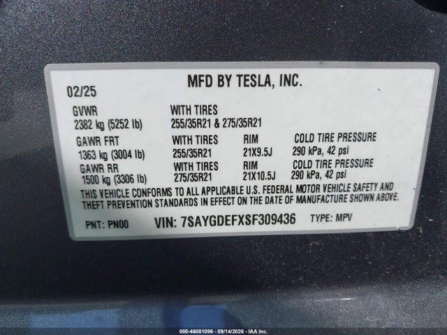 Aukcja sprzedaży 2025 Tesla Model Y Performance Dual Motor All-wheel Drive, vin: 7SAYGDEFXSF309436, numer aukcji: 46081096