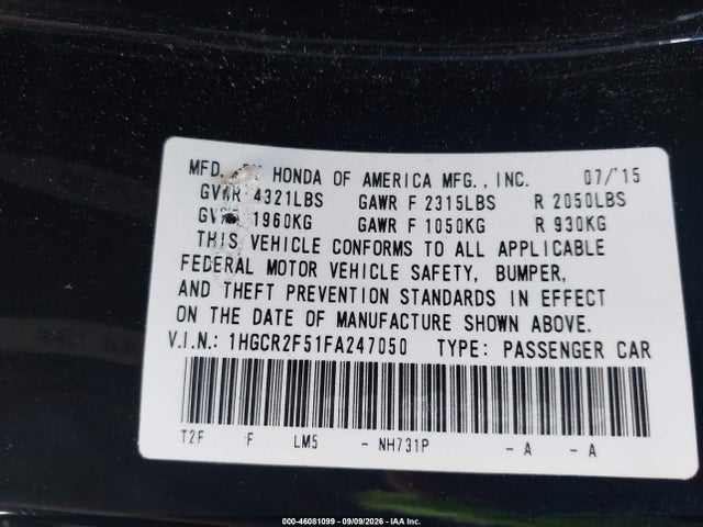 46081099 :رقم المزاد ، 1HGCR2F51FA247050 vin ، 2015 Honda Accord Sport مزاد بيع