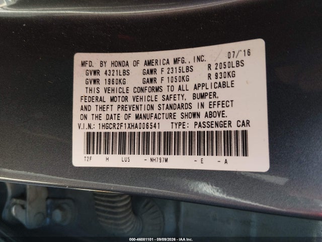 1HGCR2F1XHA006541 Honda Accord Sport Se
