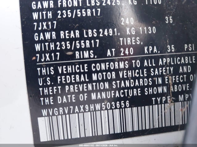 2017 Volkswagen Tiguan Wolfsburg მანქანა იყიდება აუქციონზე, vin: WVGRV7AX9HW503656, აუქციონის ნომერი: 46081102