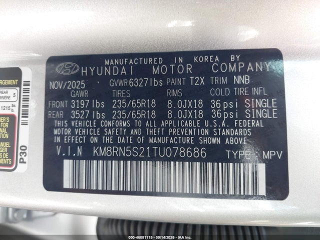 Aukcja sprzedaży 2026 Hyundai Palisade Sel Premium, vin: KM8RN5S21TU078686, numer aukcji: 46081115