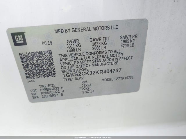 2019 Gmc Yukon Denali მანქანა იყიდება აუქციონზე, vin: 1GKS2CKJ2KR404737, აუქციონის ნომერი: 46081127
