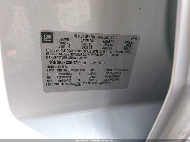 Aukcja sprzedaży 2016 Chevrolet Suburban Ltz, vin: 1GNSKJKC3GR255996, numer aukcji: 46081132