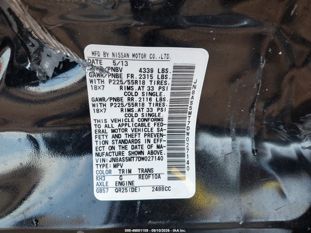 2013 Nissan Rogue Sv W/sl Pkg მანქანა იყიდება აუქციონზე, vin: JN8AS5MT7DW027140, აუქციონის ნომერი: 46081159