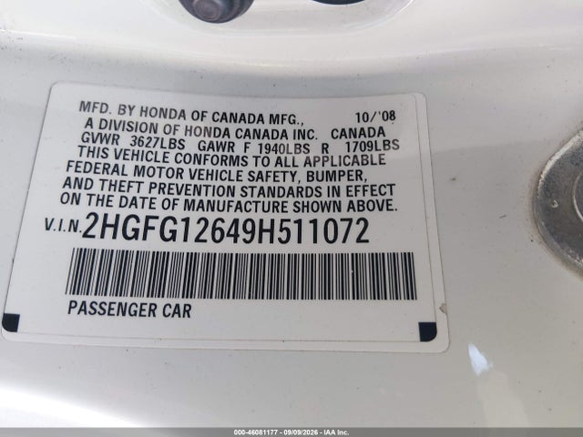 2009 Honda Civic Lx მანქანა იყიდება აუქციონზე, vin: 2HGFG12649H511072, აუქციონის ნომერი: 46081177