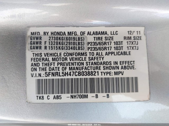 46081193 :رقم المزاد ، 5FNRL5H47CB038821 vin ، 2012 Honda Odyssey Ex مزاد بيع