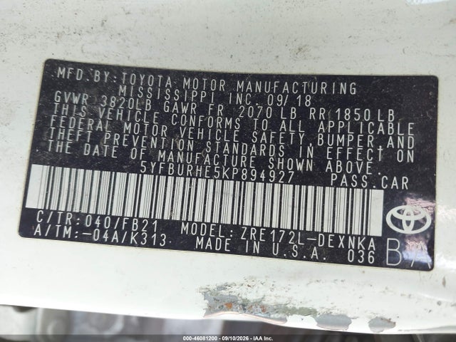 Продаж на аукціоні авто 2019 Toyota Corolla Le, vin: 5YFBURHE5KP894927, номер лоту: 46081200