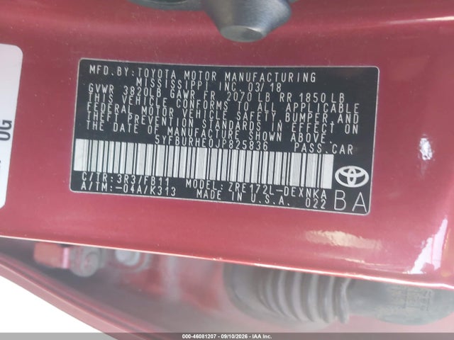 46081207 :رقم المزاد ، 5YFBURHE0JP825836 vin ، 2018 Toyota Corolla Le مزاد بيع