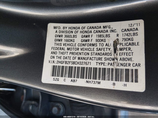 Продаж на аукціоні авто 2012 Honda Civic Lx, vin: 2HGFB2F58CH327671, номер лоту: 46081219