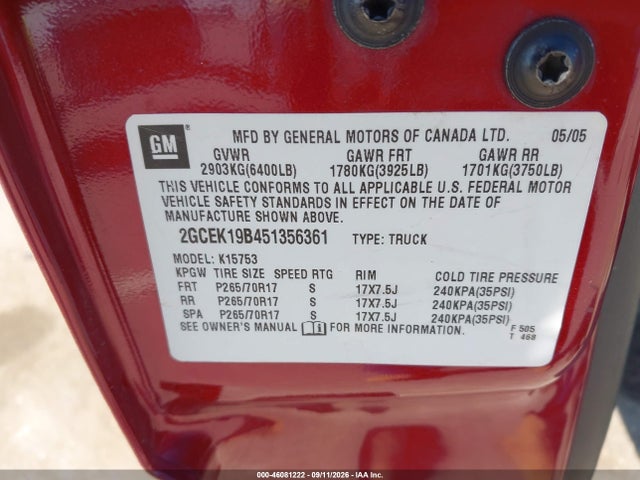 Aukcja sprzedaży 2005 Chevrolet Silverado 1500 Z71, vin: 2GCEK19B451356361, numer aukcji: 46081222