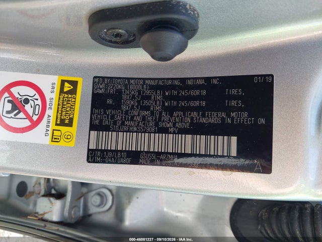 46081227 :رقم المزاد ، 5TDJZRFH9KS579081 vin ، 2019 Toyota Highlander Xle مزاد بيع