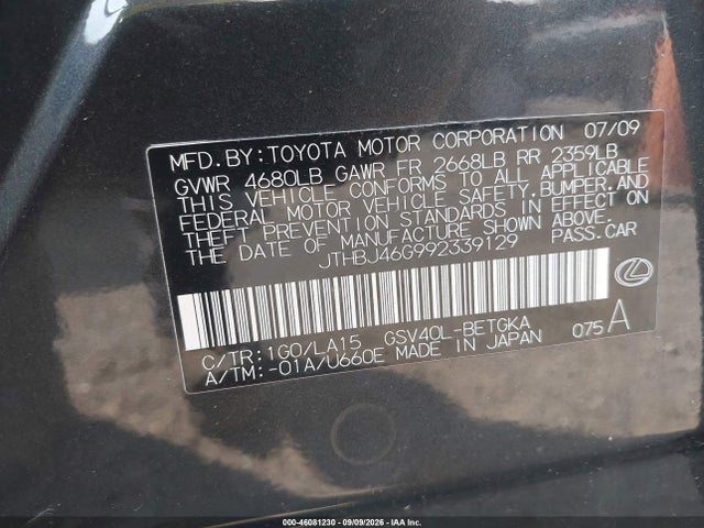 Продажа на аукционе авто 2009 Lexus Es 350, vin: JTHBJ46G992339129, номер лота: 46081230