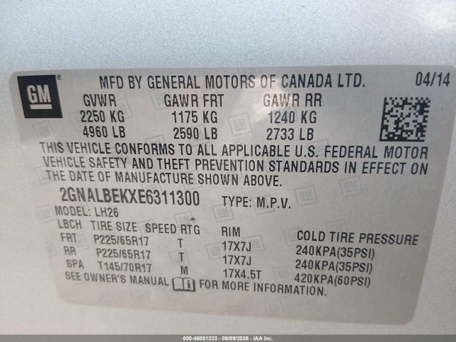 46081233 :رقم المزاد ، 2GNALBEKXE6311300 vin ، 2014 Chevrolet Equinox 1lt مزاد بيع
