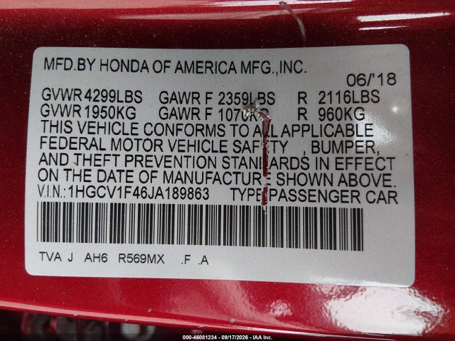 2018 Honda Accord Ex მანქანა იყიდება აუქციონზე, vin: 1HGCV1F46JA189863, აუქციონის ნომერი: 46081234