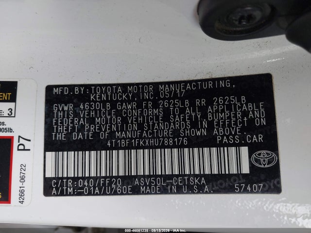 46081235 :رقم المزاد ، 4T1BF1FKXHU788176 vin ، 2017 Toyota Camry Se مزاد بيع