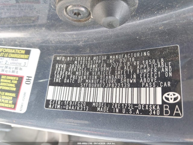 Aukcja sprzedaży 2018 Toyota Corolla Se, vin: 5YFBURHE7JP822139, numer aukcji: 46081236