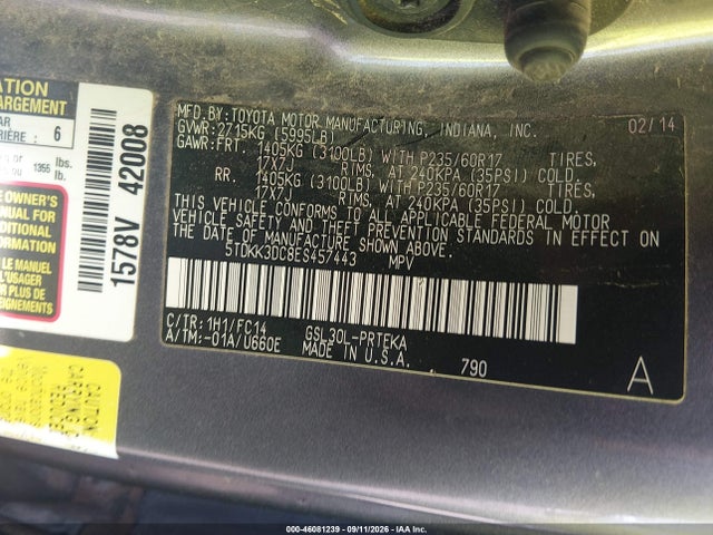 46081239 :رقم المزاد ، 5TDKK3DC8ES457443 vin ، 2014 Toyota Sienna Le V6 8 Passenger مزاد بيع