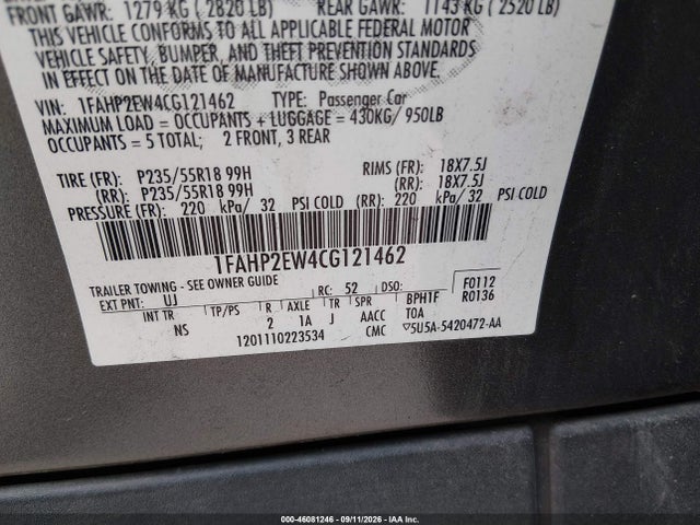 2012 Ford Taurus Sel მანქანა იყიდება აუქციონზე, vin: 1FAHP2EW4CG121462, აუქციონის ნომერი: 46081246