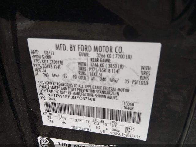 2011 Ford F-150 Xlt მანქანა იყიდება აუქციონზე, vin: 1FTFW1EF3BFC47668, აუქციონის ნომერი: 46081251