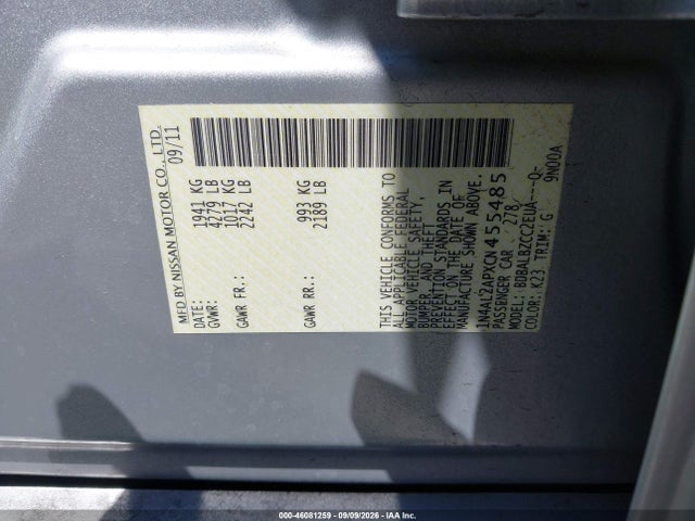 2012 Nissan Altima 2.5 S მანქანა იყიდება აუქციონზე, vin: 1N4AL2APXCN455485, აუქციონის ნომერი: 46081259