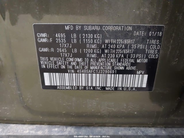 Продажа на аукционе авто 2018 Subaru Outback 2.5i Premium, vin: 4S4BSAFC1J3290691, номер лота: 46081264