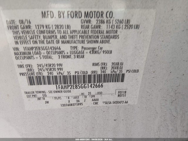 Продажа на аукционе авто 2016 Ford Taurus Sel, vin: 1FAHP2E85GG142666, номер лота: 46081265