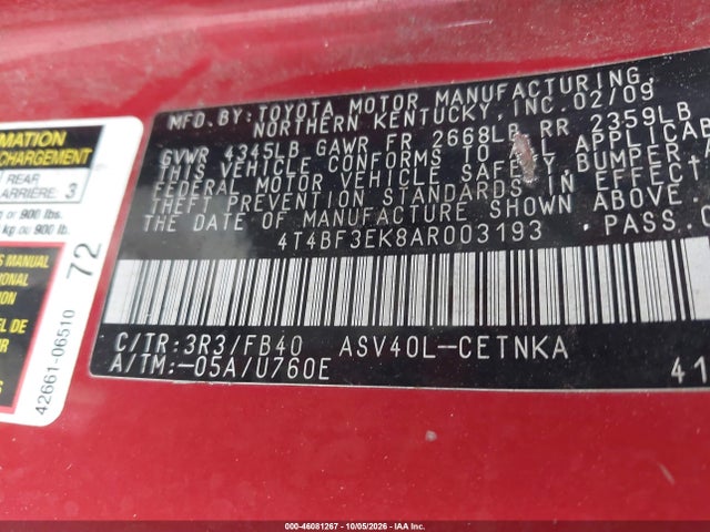 Aukcja sprzedaży 2010 Toyota Camry Le, vin: 4T4BF3EK8AR003193, numer aukcji: 46081267
