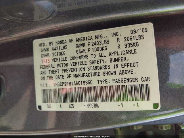46081268 :رقم المزاد ، 1HGCP2F81AA019350 vin ، 2010 Honda Accord 2.4 Ex-l مزاد بيع