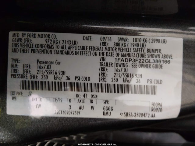 46081273 :رقم المزاد ، 1FADP3F22GL386166 vin ، 2016 Ford Focus Se مزاد بيع