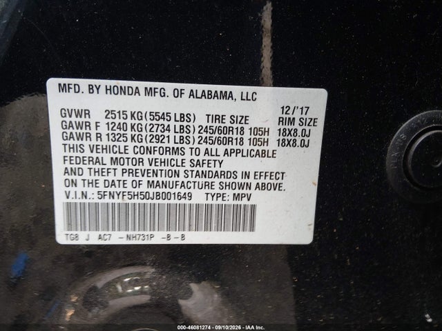 46081274 :رقم المزاد ، 5FNYF5H50JB001649 vin ، 2018 Honda Pilot Ex-l مزاد بيع