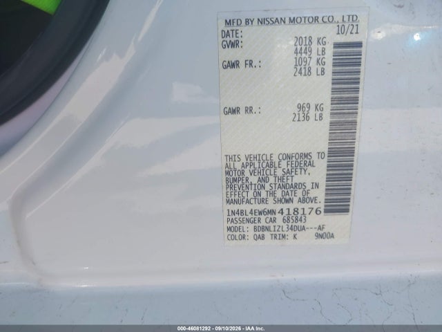 Продажа на аукционе авто 2021 Nissan Altima Sl Intelligent Awd, vin: 1N4BL4EW6MN418176, номер лота: 46081292