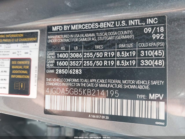 46081302 :رقم المزاد ، 4JGDA5GB5KB214195 vin ، 2019 Mercedes-benz Gle 400 4matic مزاد بيع