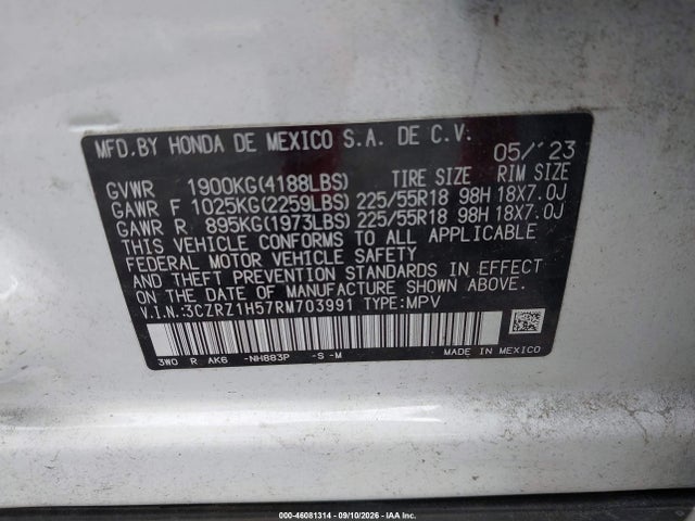 2024 Honda Hr-v 2wd Sport/2wd Sport W/o Bsi მანქანა იყიდება აუქციონზე, vin: 3CZRZ1H57RM703991, აუქციონის ნომერი: 46081314