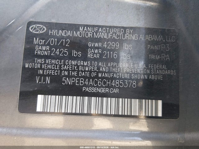 2012 Hyundai Sonata Gls მანქანა იყიდება აუქციონზე, vin: 5NPEB4AC6CH485378, აუქციონის ნომერი: 46081315