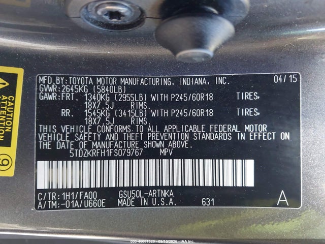 Продаж на аукціоні авто 2015 Toyota Highlander Le Plus V6, vin: 5TDZKRFH1FS079767, номер лоту: 46081320