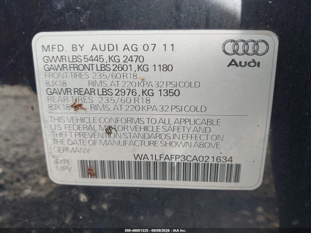 Aukcja sprzedaży 2012 Audi Q5 2.0t Premium, vin: WA1LFAFP3CA021634, numer aukcji: 46081325