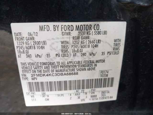 Продажа на аукционе авто 2013 Ford Edge Limited, vin: 2FMDK4KC3DBA68688, номер лота: 46081331