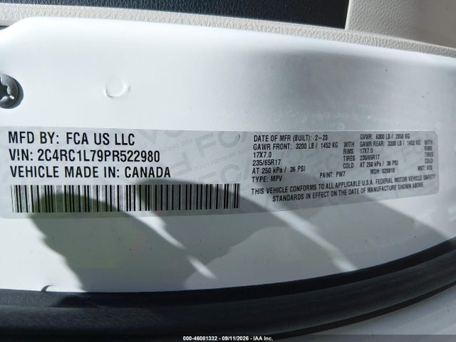 Aukcja sprzedaży 2023 Chrysler Pacifica Hybrid Touring L, vin: 2C4RC1L79PR522980, numer aukcji: 46081332